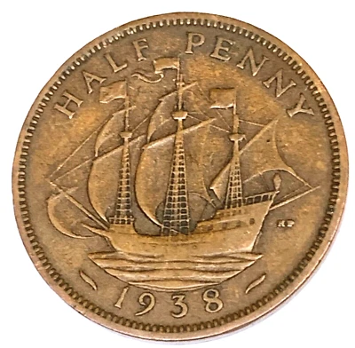 # C6825 MONEDA DE GRAN BRETAÑA, MEDIO CENTAVO 1938 Foto 1 de 2