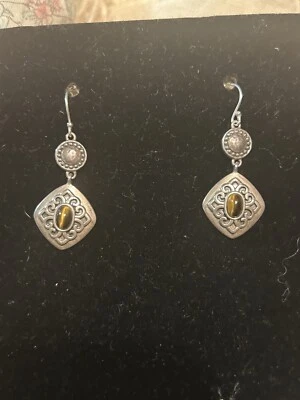 Pendientes colgantes redondos ojo de tigre de plata de ley 925 con puntos de plata acentuados (b1) Foto 1 de 4