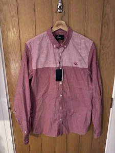 Fred Perry casual shirt red & white check Panel slim fit large mens 100% cotton - Picture 1 of 6