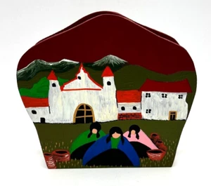 Vintage Wooden Napkin Holder Rustic Hand Painted Folk Art Land Sea Ecuador Made - Picture 1 of 16