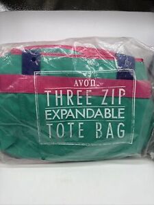 Vintage Avon 3 Zip Expandable Tote Bag Vinyl 80s Colors Pink Purple