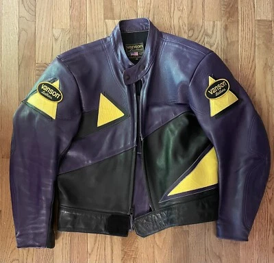 Chaqueta de cuero vintage Vanson para hombre 48 carreras años 80 motocicleta motociclista púrpura hecha en Estados Unidos Foto 1 de 4