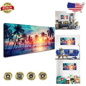 High-Definition Canvas Art: Tropical Sunset Beach with Palm Tree Silhouettes - Picture 1 of 9