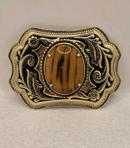 Vintage Western Brass Belt Buckle Oval Agate ~ Made in USA - Picture 1 of 9