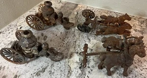 2 VTG CAST IRON TOY HORSE DRAWN FIRE TRUCK WAGON CART Pump Rust Wheel Figure - Picture 1 of 12