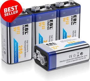 9V Rechargeable Batteries Nimh 280Mah 9V Battery for Smoke Alarm Detector, 4-Pac - Picture 1 of 12