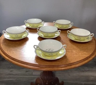 Wedgwood 黄色 Pimpernel 6 骨瓷奶油汤和茶碟棕色标记 W3865 — 第 1/4 张图片