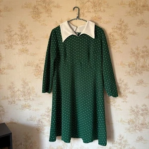 Vintage Minikleid 70er Jahre grün weiß Micro Herz Print Langarm Dolchkragen - Bild 1 von 8
