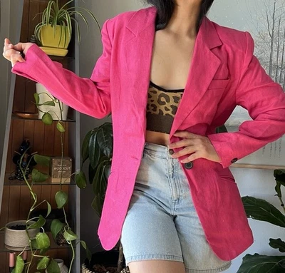 Blazer ANN TAYLOR Vintage Rosa Caliente Lino Un Botón Línea Larga Talla 4 Retro Elegante Foto 1 de 4