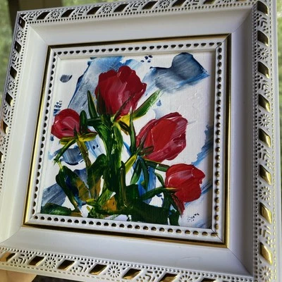 Rosa roja, flor abstracta, pintura acrílica original sobre panel de lienzo, 4/4 enmarcado Foto 1 de 4