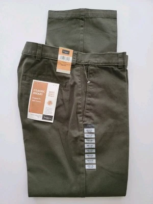 Новый $70 HAGGAR классический хаки оригинальный крой хлопковые брюки 34 x 32 зеленый плоский передний - Изображение 1 из 4