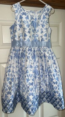 Gymboree Blue & White Floral Sleeveless Fancy Lined Dress  Button Up Size 7 - Image 1 of 4