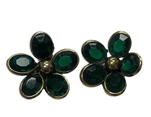 Vintage Crown Trifari Green Flowers Emerald Glass Clip On Earrings--Damaged #30 - Picture 1 of 9