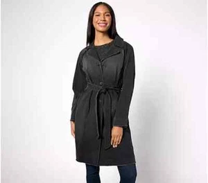 LOGO by Lori Goldstein Denim Belted Trench Coat-Washed Black-Small A629604 NEW - Picture 1 of 2