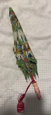 Vintage Chinese Child Umbrella Cloth Pigs Wood Handle With Original Tags - Image 1 of 4