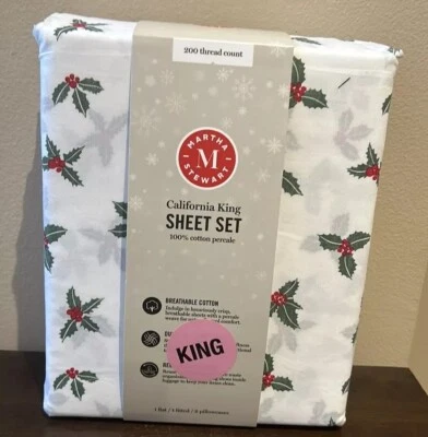 Juego de Sábanas Martha Stewart Cal King Navidad Acebo Baya Nuevo Algodón Percal Foto 1 de 2