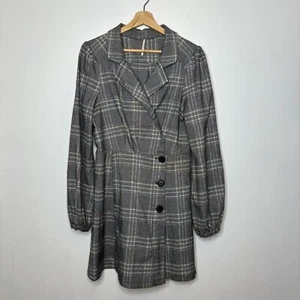 Free People Anna Boho Balloon sleeve Plaid Mini Blazer Dress Button Size 12 - Picture 1 of 10