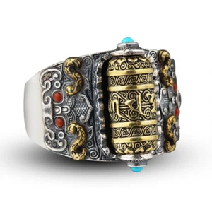 Buddhist Lucky Ring Rotatable Vintage Silver Tibetan Style Open Ring Men - Picture 1 of 9