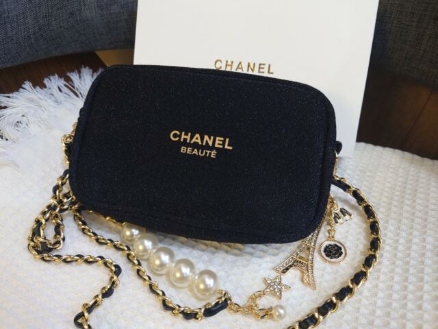 CHANEL, Bags, Large Chanel Makeup Pouch White With Black Drawstring  Cotton Nwot