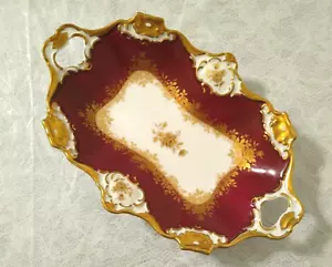 Bandeja para servir vintage AK 11,75" X 8" Borgoña y hoja de oro rosa marquesa Francia - Imagen 1 de 13