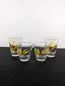 Vintage Mid Century Yellow Printed Wheat Glasses Set of 4 Low Ball Small Shot - Picture 1 of 8