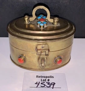 Brass Hinged Cricket Cage Trinket Box Turquoise Coral Accents Vintage - Picture 1 of 14