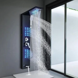 LED Black Shower Panel Thermostatic Rainfall Massage Jets+Handheld Spray Tub Tap - Picture 1 of 6