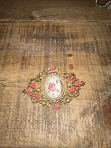 Vintage signed ART Arthur Pepper brooch gold tone Pink  enamel floral design L - Picture 1 of 4