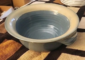 Blue Tumbleweed Pottery Bowl Two Tone Handled Stoneware Hand Thrown in NC USA 8" - Picture 1 of 8