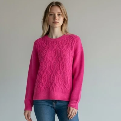 Suéter Tommy Hilfiger Para Mujer Mediano Rosa Caliente Tejido con Cable Pullover Cuello Redondo Foto 1 de 4