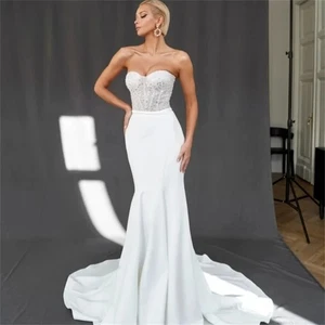 Vestido de novia simple sirena playa lentejuelas sin tirantes cuello corazón vestido de novia - Imagen 1 de 6