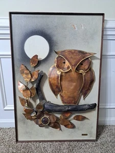 Vintage Alex Kovacs '74 Kupfer Eule auf Holzzweig Skulptur gerahmt Wandbild - Bild 1 von 16