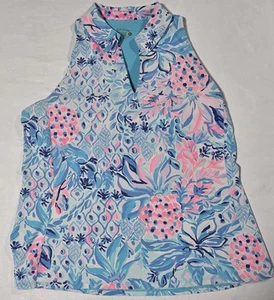 LILLY PULITZER Luxletic Lakelyn Bra Polo Top Pink Blue Pineapple Colorful Sz XL - Picture 1 of 12