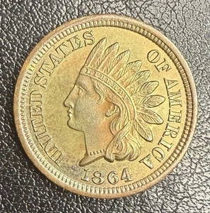 1864 No L BU MS BRONZE INDIAN HEAD PENNY CENT UNC TONED SNOW VARIETY - Picture 1 of 5