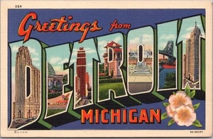 DETROIT Michigan Carta Grande Saludos Postal Curteich Lino/Sin Usar c1936 - Imagen 1 de 2