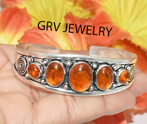 Amber Gemstone Adjustable Cuff Bracelet Bangle 925 Silver Plated BG-16