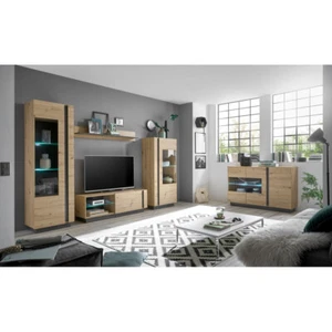 Wohnwand Set Wohnzimmer Eiche Graphit grau Vitrinenschrank Vitrine Sideboard LED - Bild 1 von 17