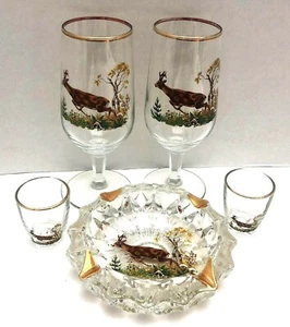 Vintage Art Deco Deer Bar Set Ashtray Shot & Wine Glasses 5 Pc Made In France - Picture 1 of 12