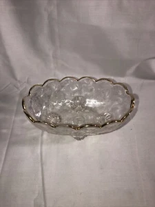 Vintage Jeannette Glas Louisa klar oval 4 Fuß offen Bonboniere mit Goldrand - Bild 1 von 9