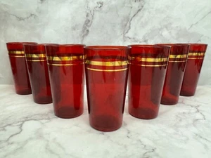 7 Vintage Anchor Hocking Royal Ruby Flat Tumblers Glasses 9oz Gold Bands 4 3/4" - Picture 1 of 11