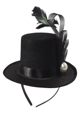 Black Mini Top Hat Fascinator On Headband Feather Pearl Stud Dancers Showgirl - Image 1 of 3