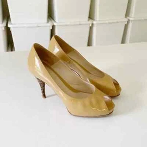 Fendi Patent Leather Zucchino Logo Heel Peep Toe Platform Pumps Beige Size 36.5 - Picture 1 of 9