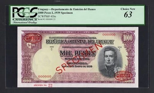 Uruguay 1000 Pesos 1939 P41bs "Specimen"  Uncirculated Grade 63 - Picture 1 of 2