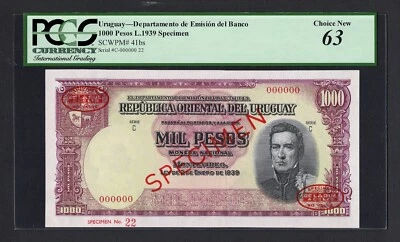 Uruguay 1000 Pesos 1939 P41bs "Specimen"  Uncirculated Grade 63 - Image 1 of 2