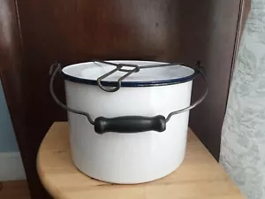 Antique White Enamelware Graniteware Camping Pot Set for 4, 8.75" w 6.25 tall - Picture 1 of 24