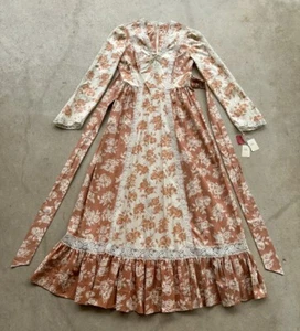 NWT 1970s Blush Pink Floral Corset Prairie Dress Tie Back Maxi Lace Boho S VTG - Picture 1 of 24