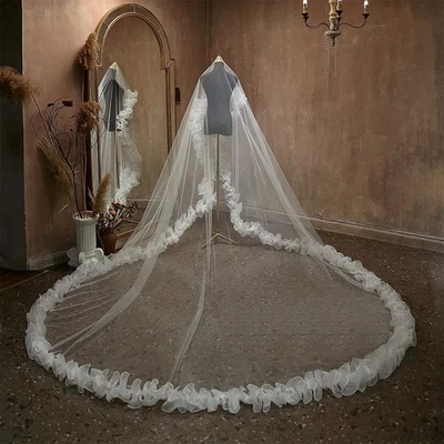 Velos de boda catedral longitud 1 nivel velos de novia colorete cubierta volantes faciales Foto 1 de 4