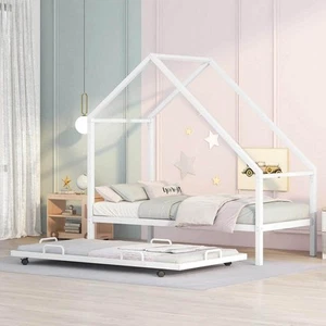 White Twin Size Metal House Bed Kids Bed with Trundle - Picture 1 of 10