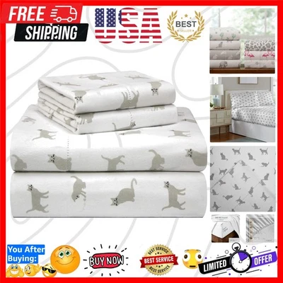 Sábanas Queen de franela estampadas GSM 180 - Bolsillos profundos elásticos - Diseño de gato Foto 1 de 4