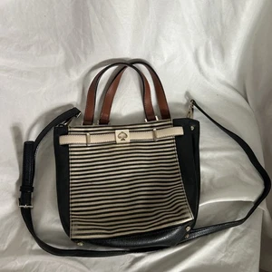 Kate Spade Leo Houston Street schwarz/elfenbein gestreift Umhängetasche braune Griffe - Bild 1 von 9